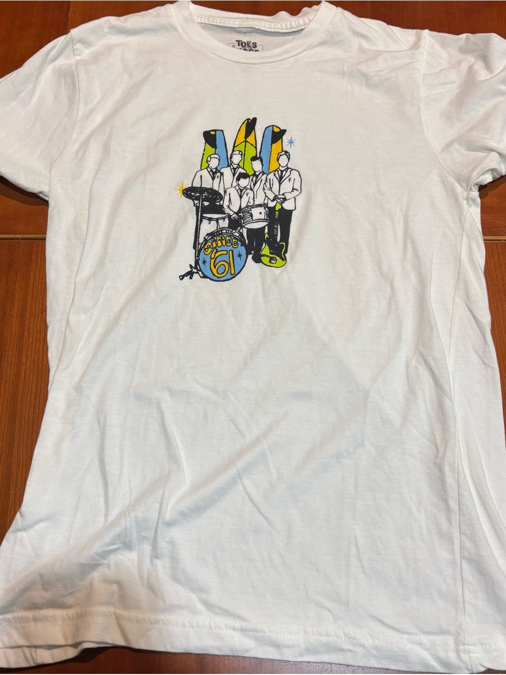 Tops 'N Toes White Short Sleeve Graphic Tee - Surf Band Design